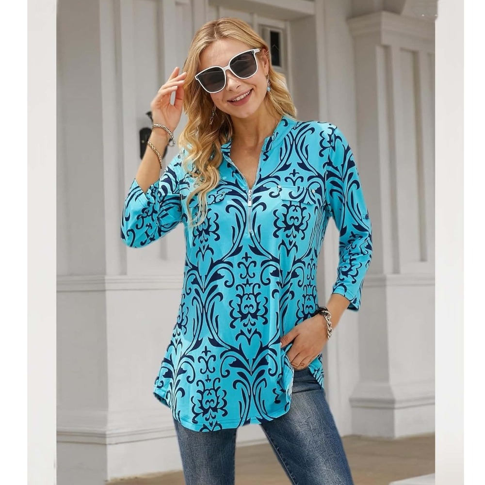 BEPEI Shirt Women's Medium Blue Floral Tunic 1/4 Zip Front 3/4 Roll Tab Sleeve